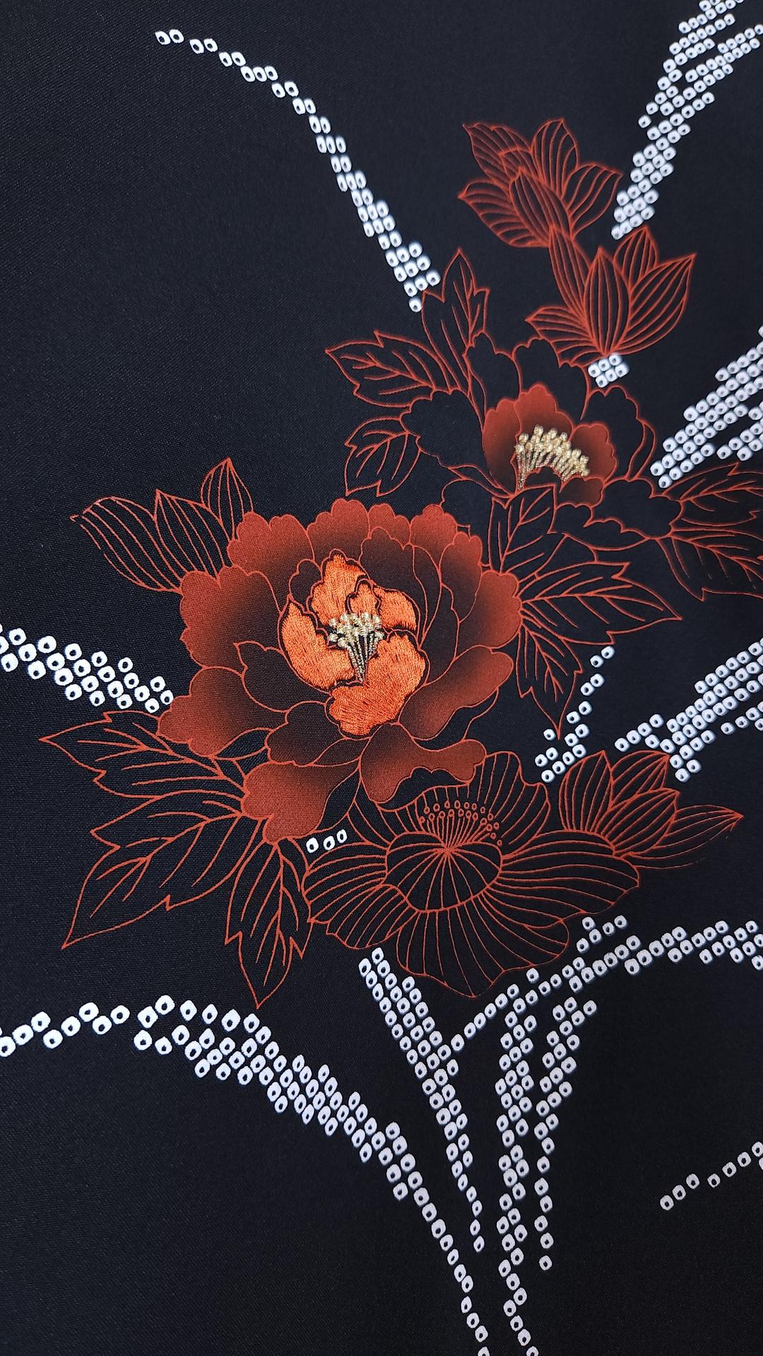 Black Haori with bright red-orange flowers