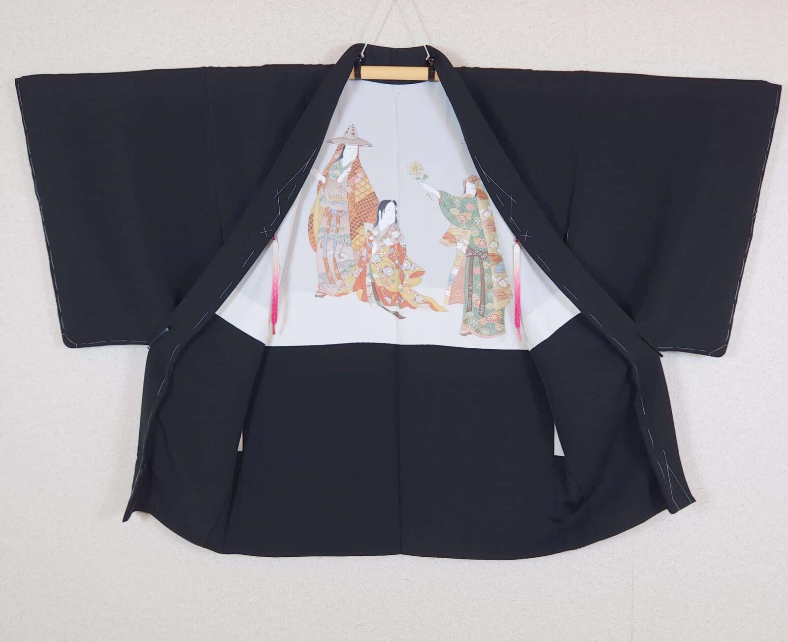 Black Haori with hand embroidery and hand-painted lining