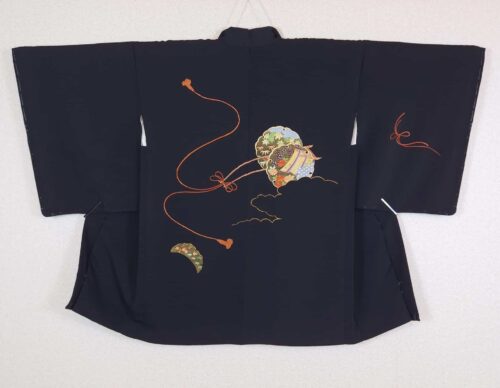 Black Haori with hand embroidery and hand-painted lining
