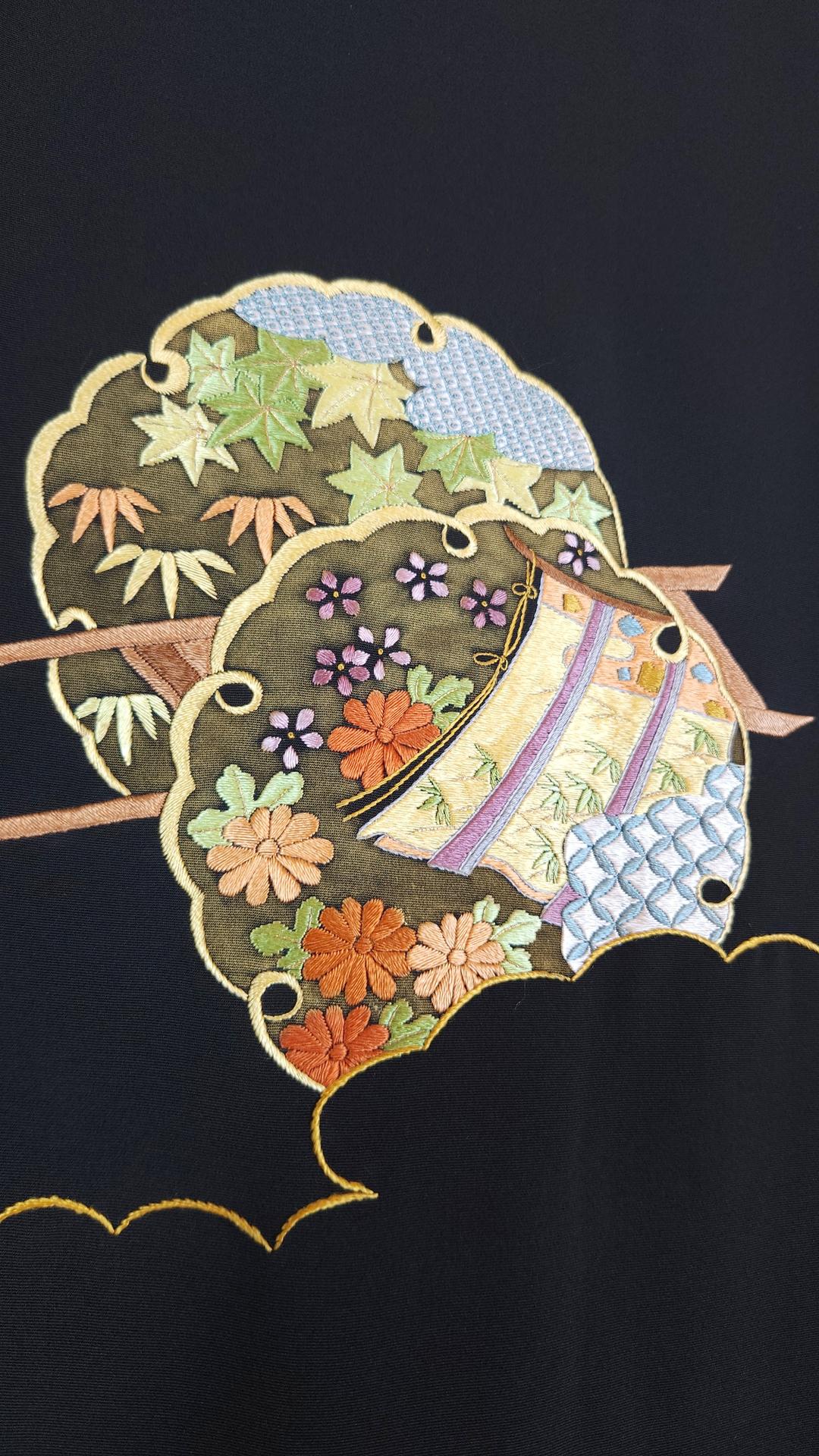 Black Haori with hand embroidery and hand-painted lining