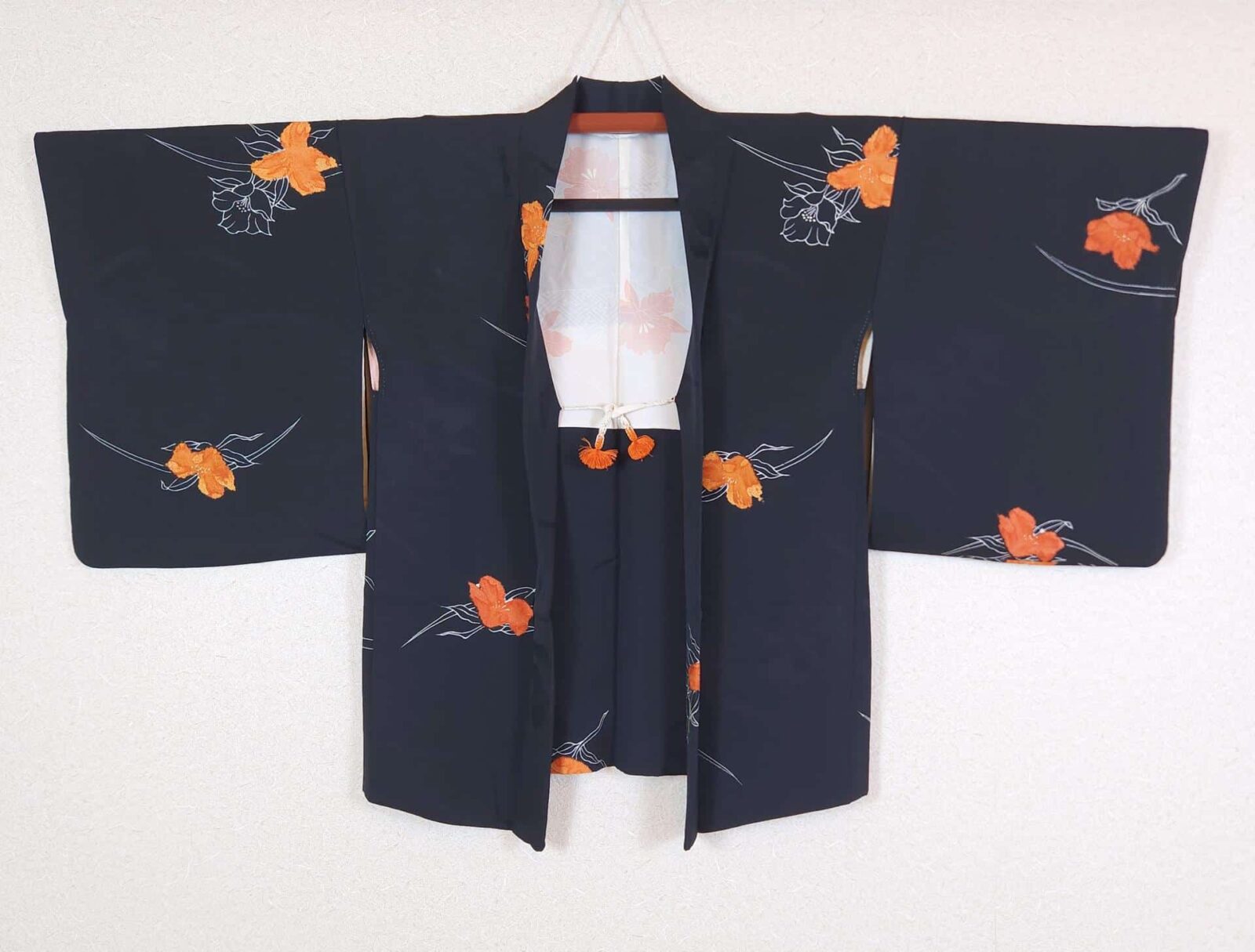 Black Haori with orange Shibori flowers