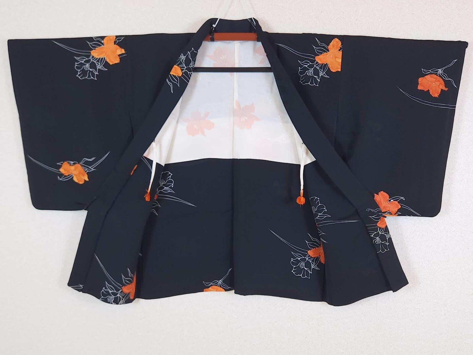 Black Haori with orange Shibori flowers
