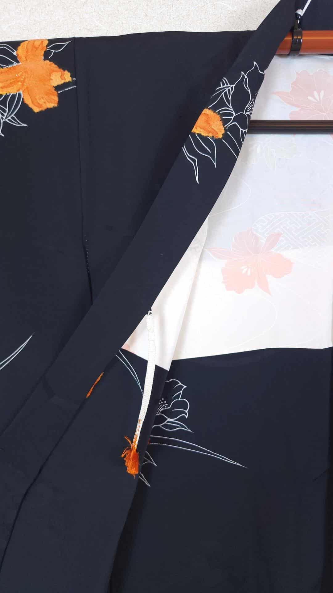 Black Haori with orange Shibori flowers