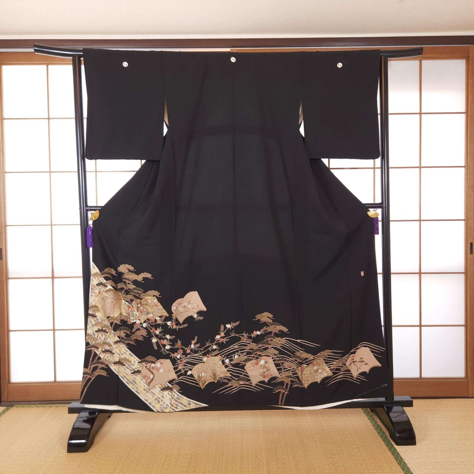 Black Kuro Tomesode with golden poetic motifs