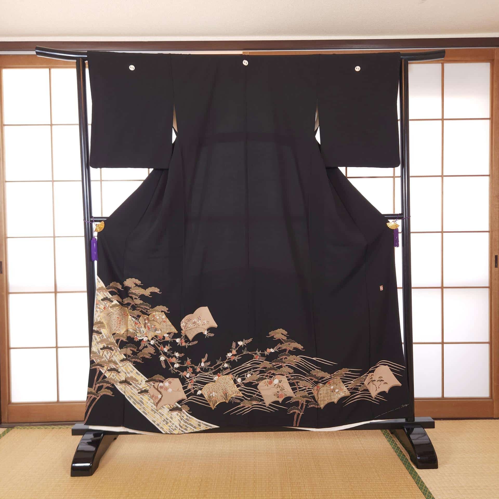 Black Kuro Tomesode with golden poetic motifs