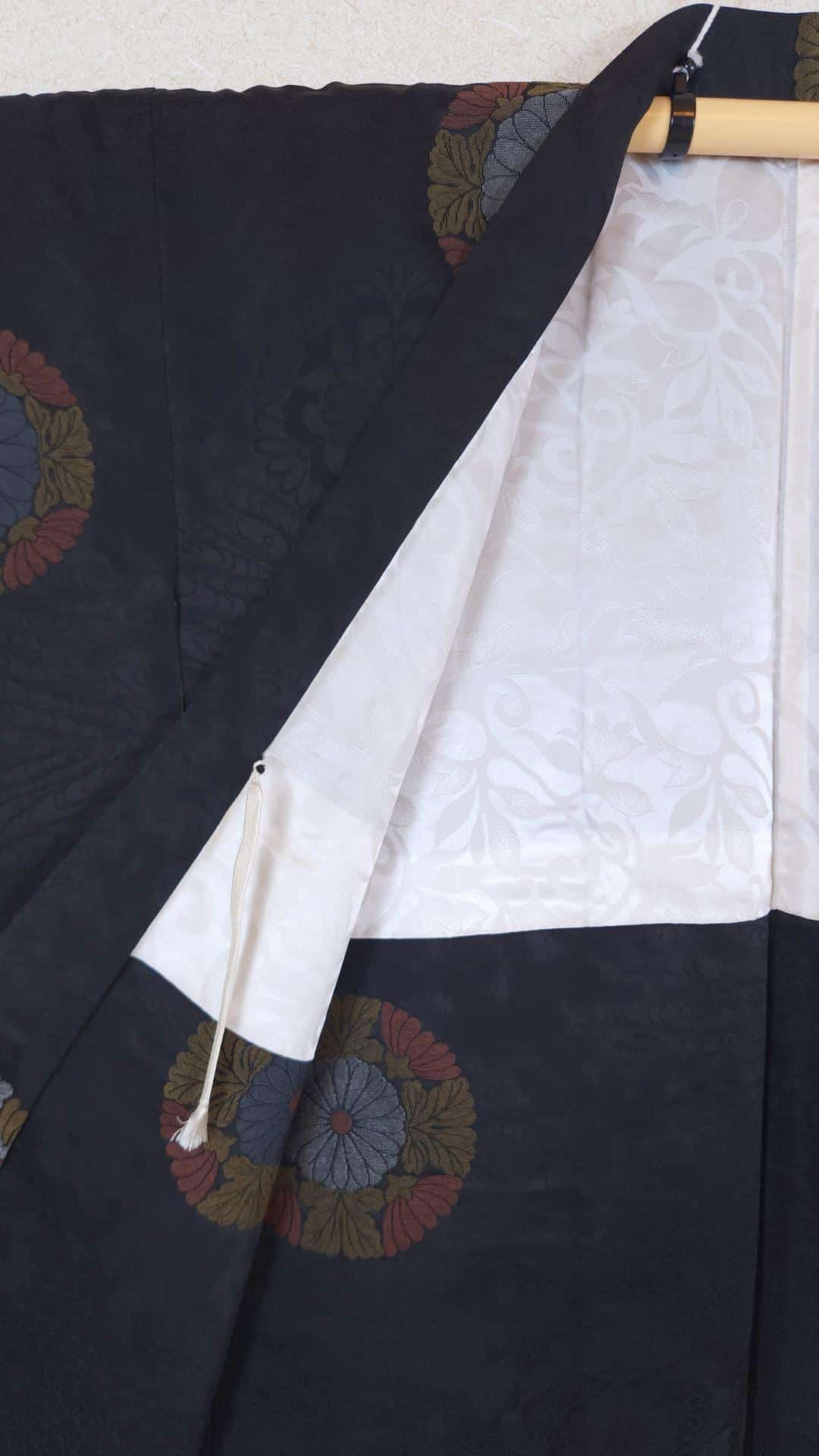 Black brocade Haori with chrysanthemum circles