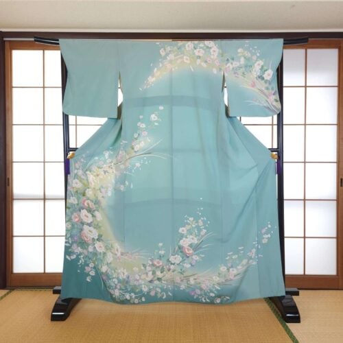 Blue-green Hōmongi with pastel Yuzen flowers