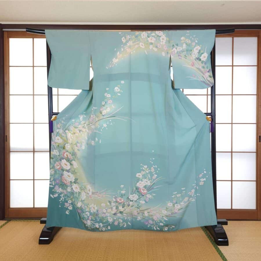 Blue-green Hōmongi with pastel Yuzen flowers