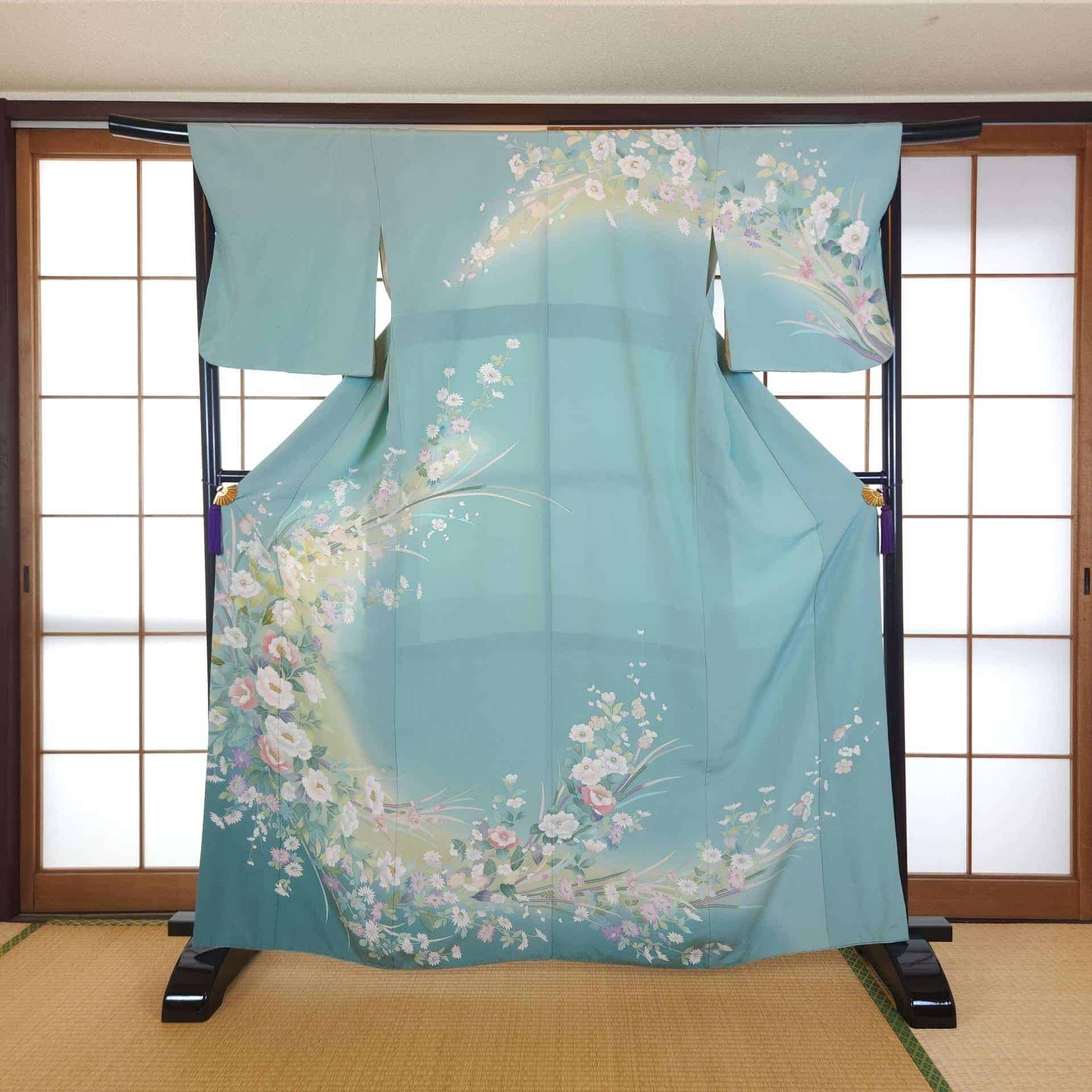 Blue-green Hōmongi with pastel Yuzen flowers