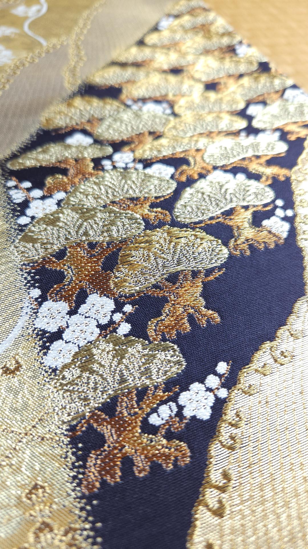 Golden Fukuro Obi embroidered pine trees black background