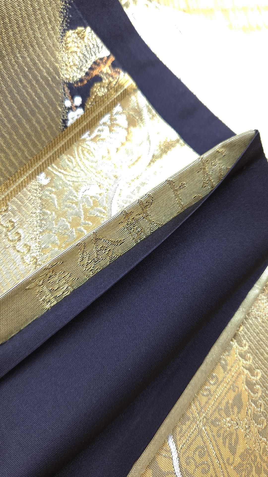 Golden Fukuro Obi embroidered pine trees black background