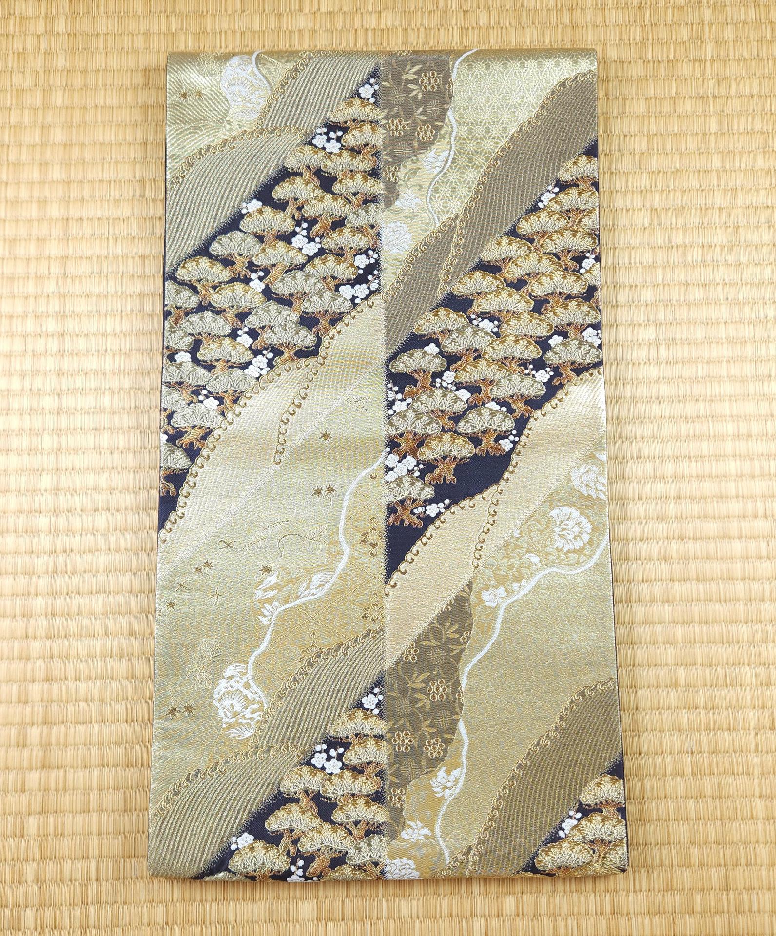Golden Fukuro Obi embroidered pine trees black background