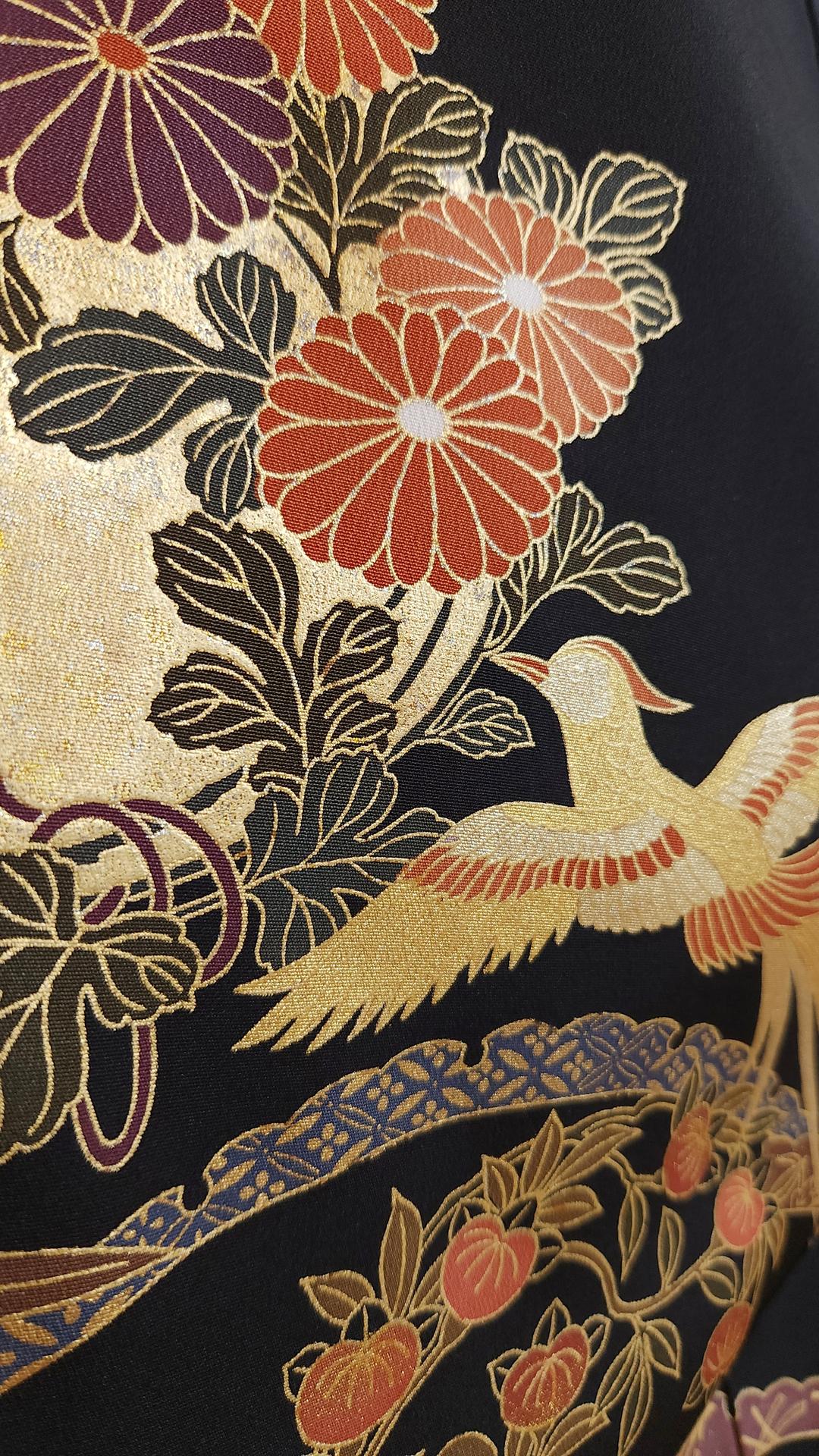 Golden Kuro Tomesode with phoenix and fans