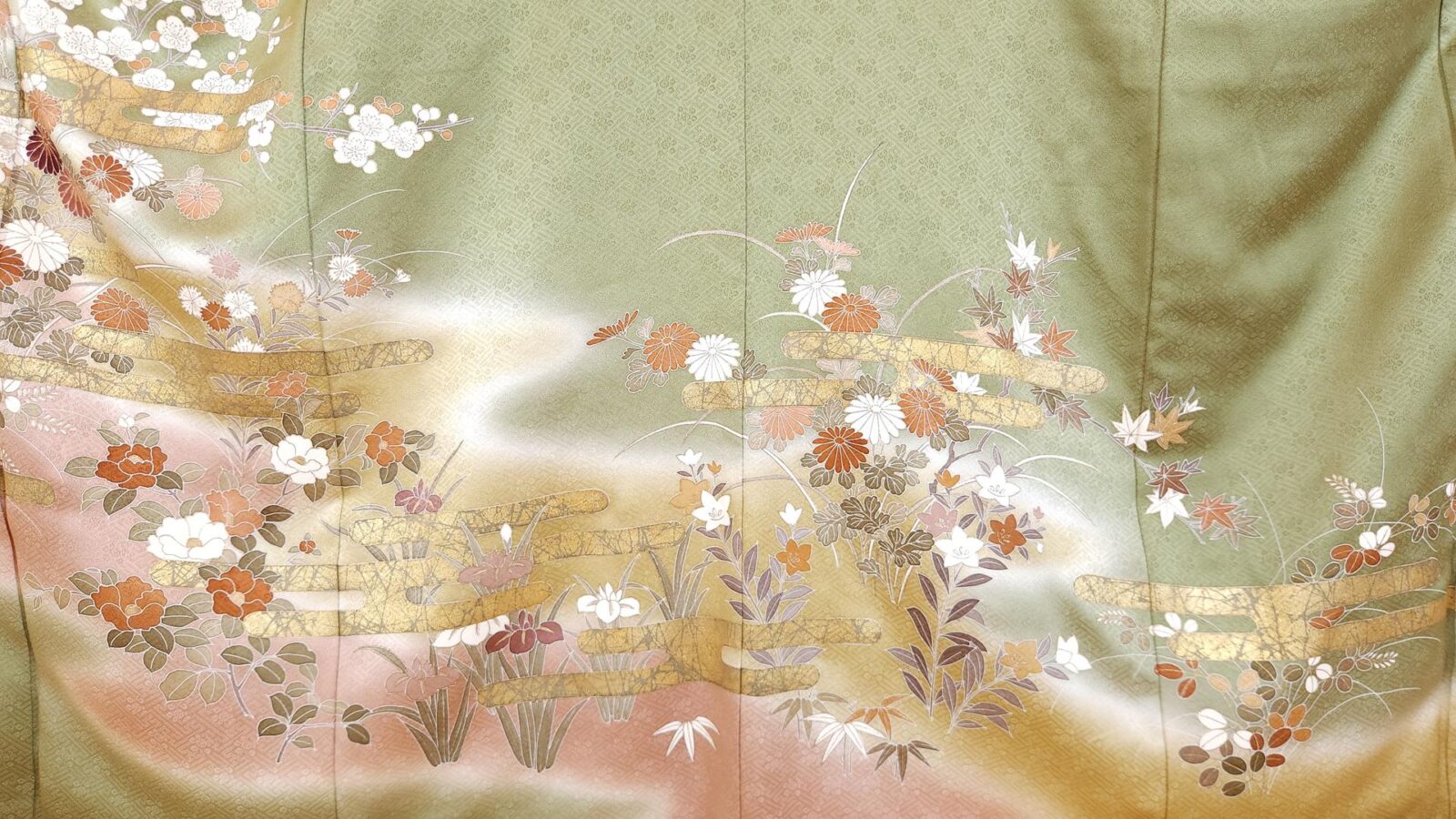Golden green Iro Tomesode with countryside flowers