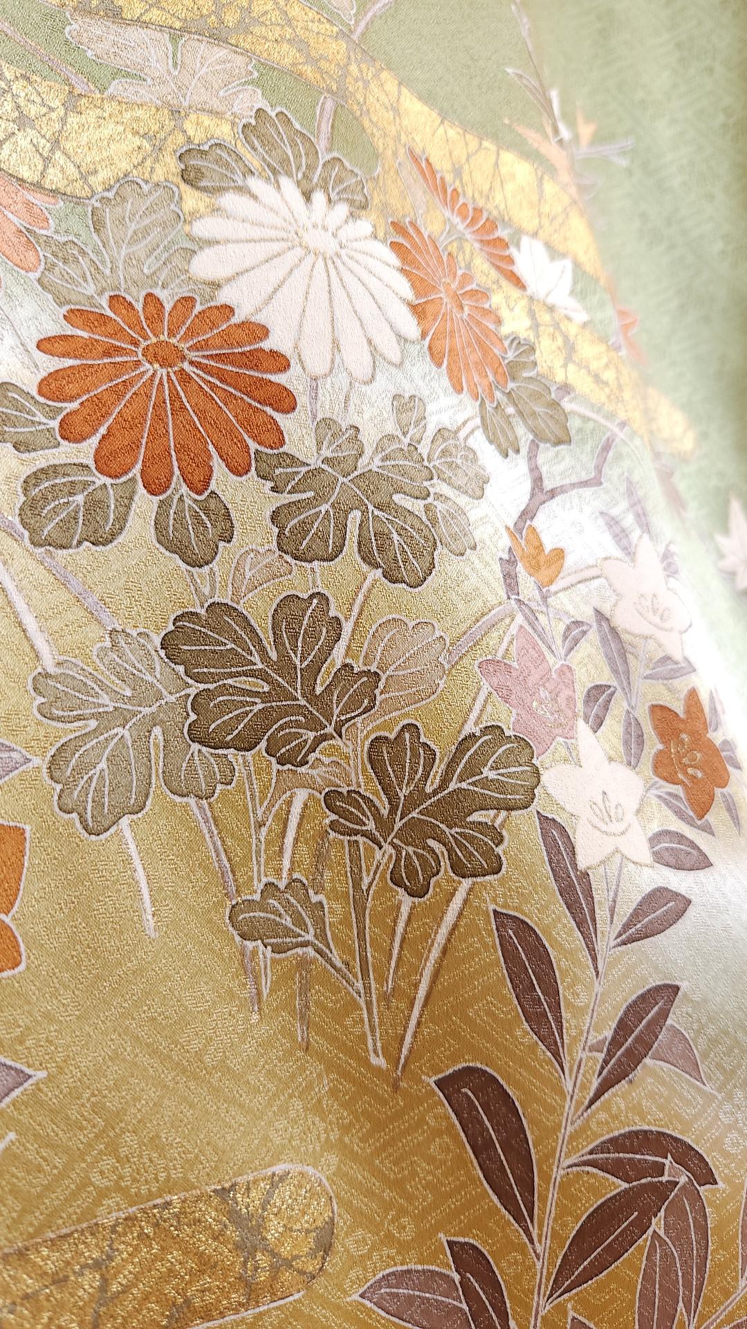 Golden green Iro Tomesode with countryside flowers