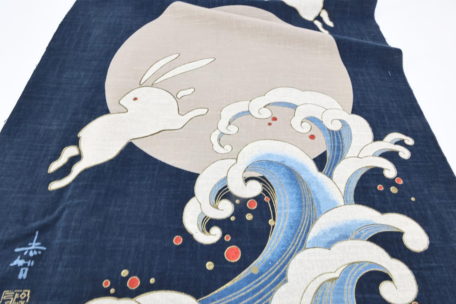 Hand-printed Japanese fabric panel – rabbits and moon