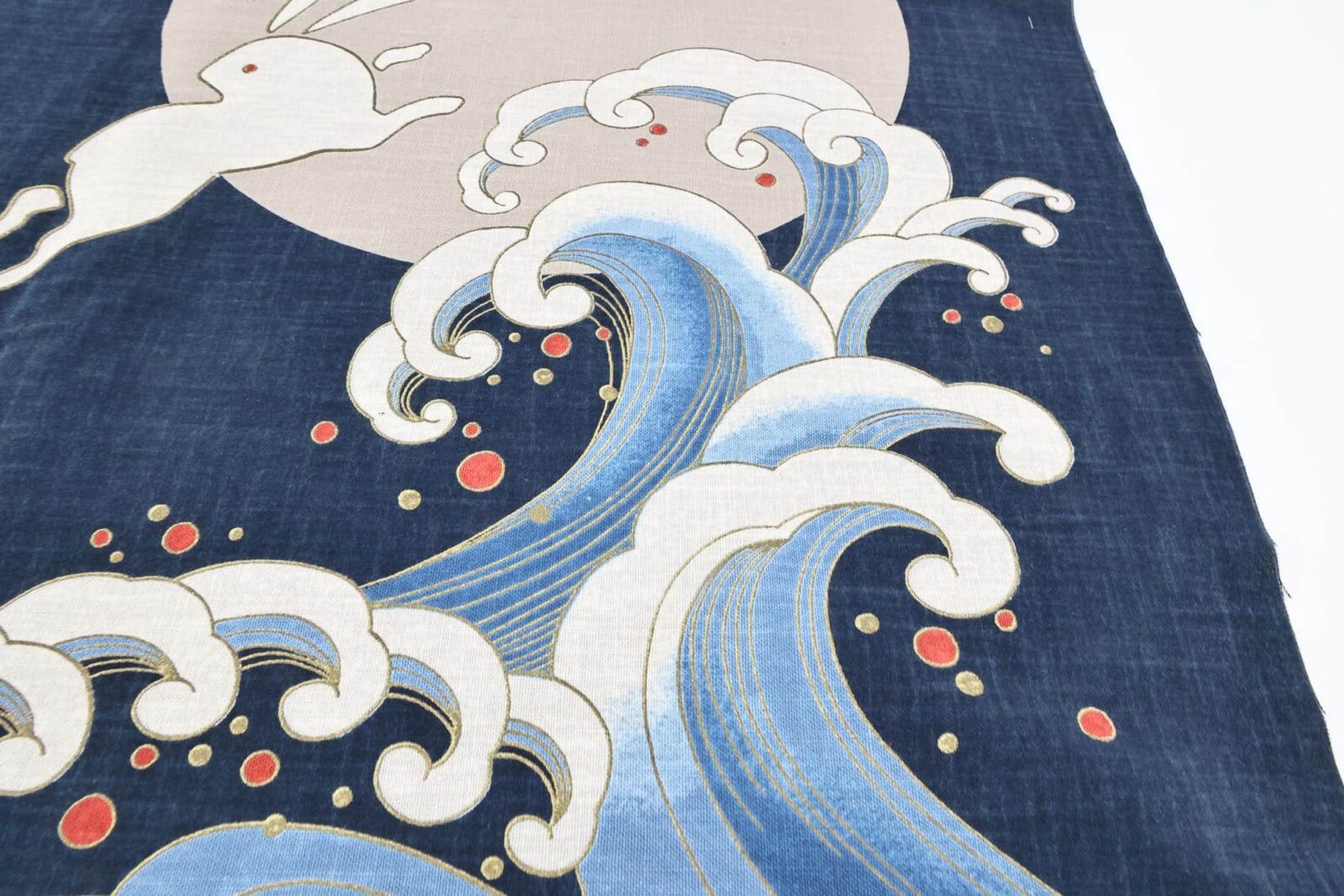 Hand-printed Japanese fabric panel – rabbits and moon