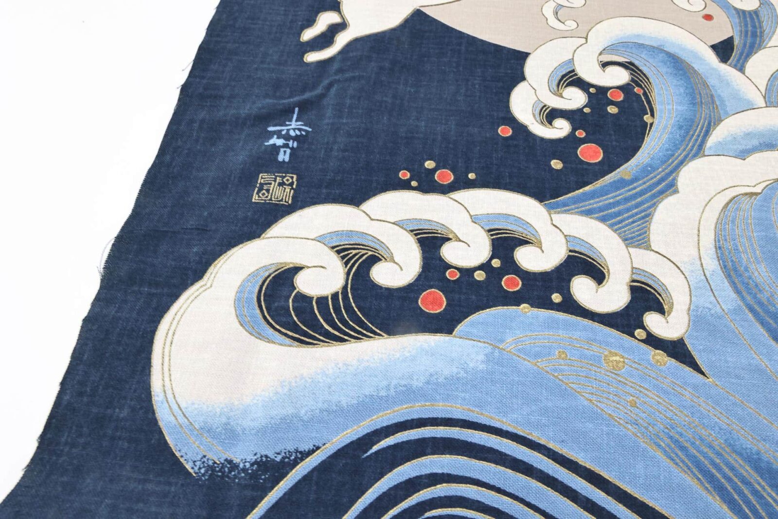 Hand-printed Japanese fabric panel – rabbits and moon