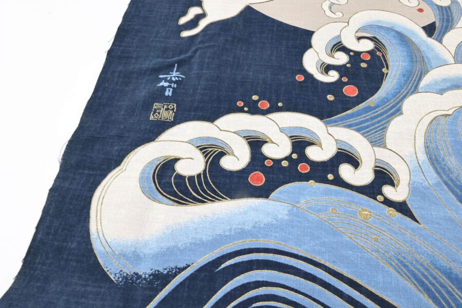 Hand-printed Japanese fabric panel – rabbits and moon