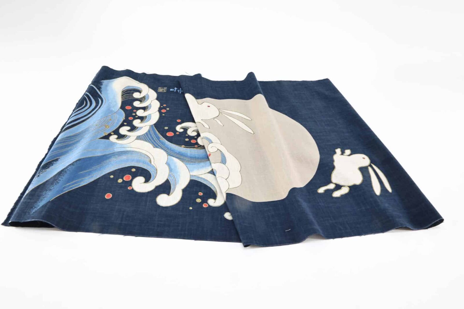 Hand-printed Japanese fabric panel – rabbits and moon