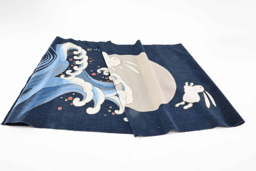 Hand-printed Japanese fabric panel – rabbits and moon