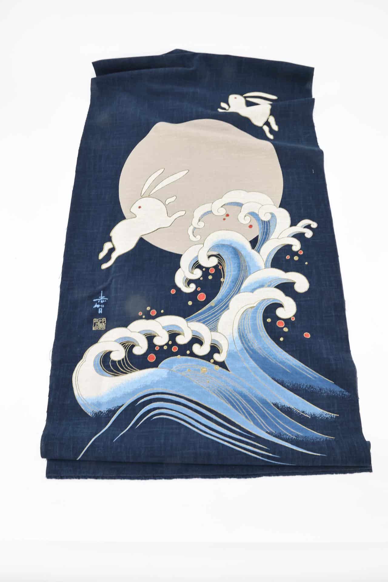 Hand-printed Japanese fabric panel – rabbits and moon