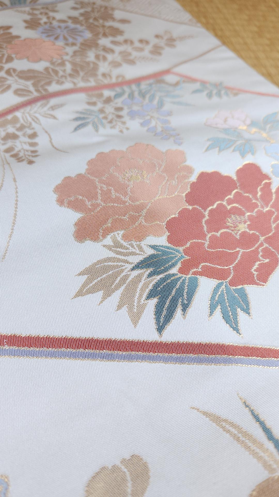 Ivory Nagoya Obi with peonies and gold patterns