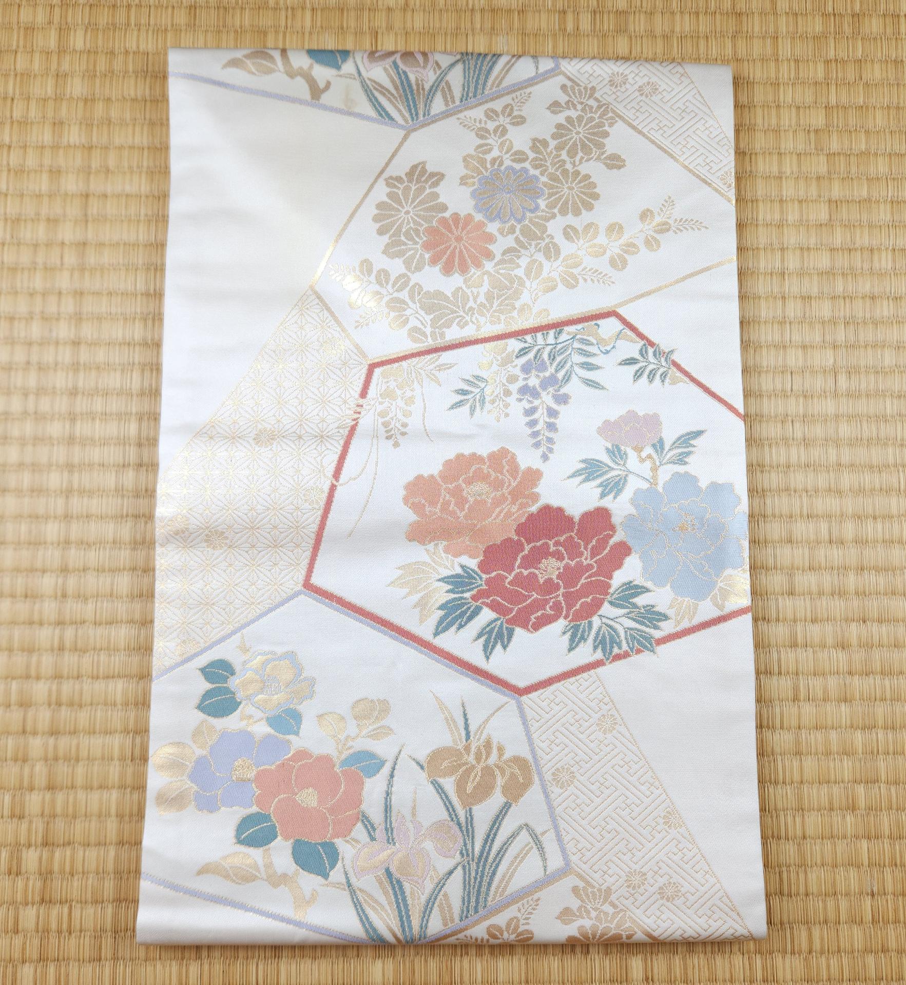 Ivory Nagoya Obi with peonies and gold patterns