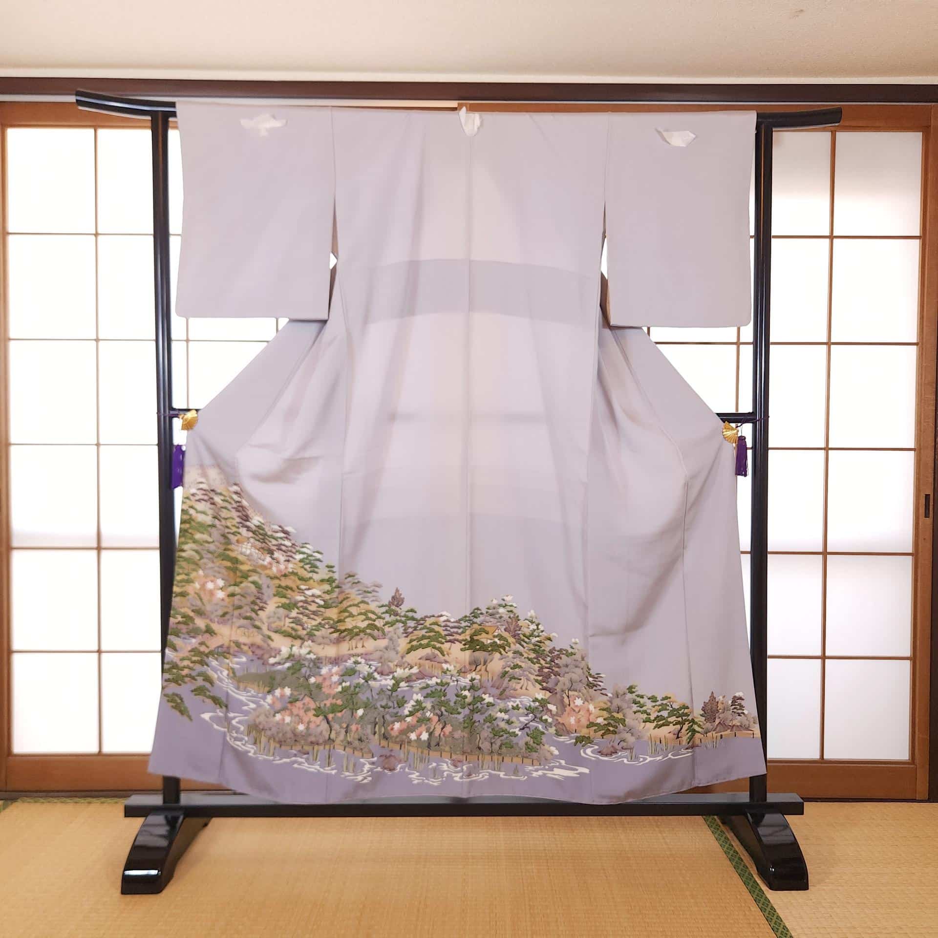 Lavender gray Tomesode with Japanese Yuzen landscape