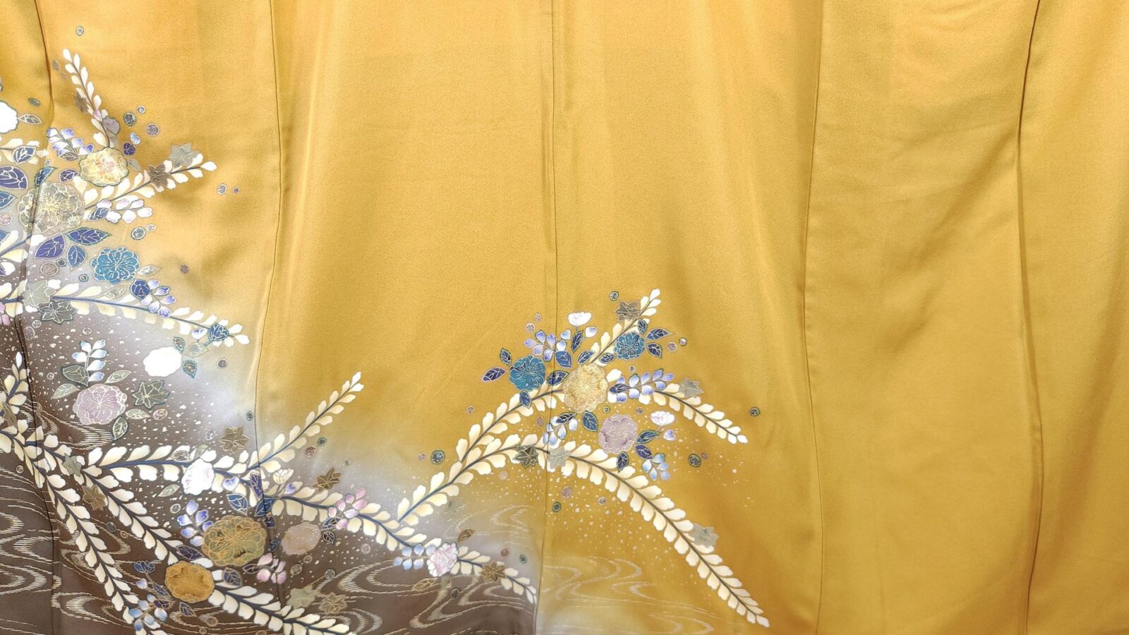 Mustard yellow Houmongi Kimono elegant flowers