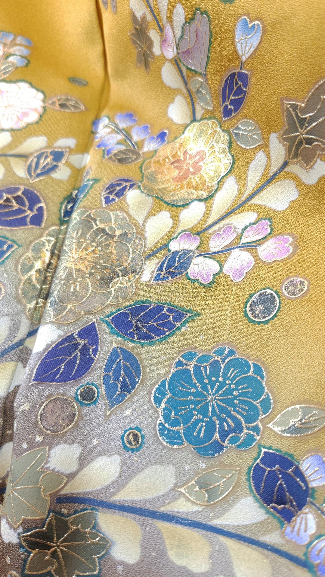 Mustard yellow Houmongi Kimono elegant flowers