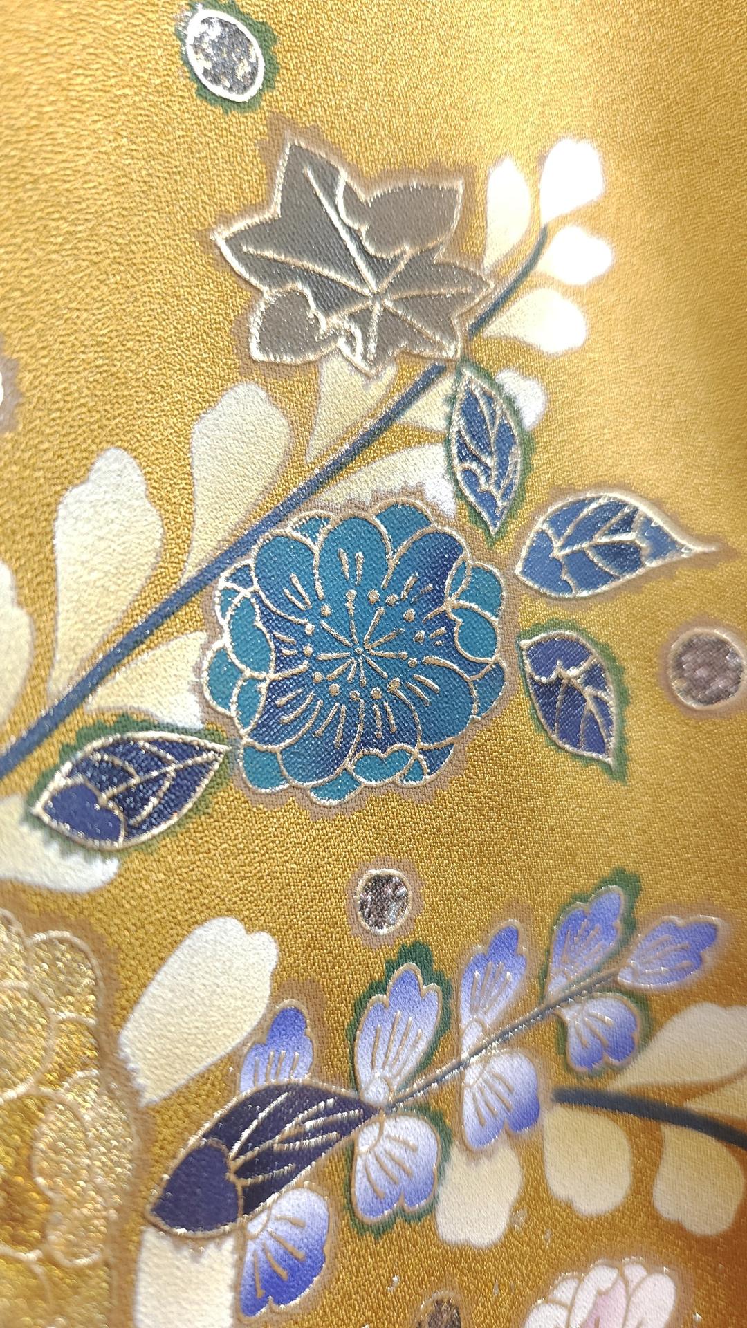 Mustard yellow Houmongi Kimono elegant flowers