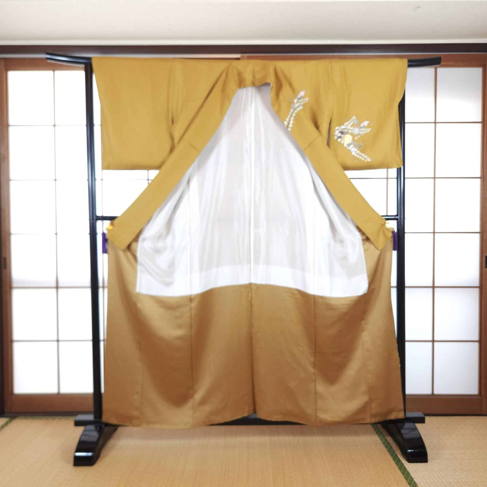 Mustard yellow Houmongi Kimono elegant flowers