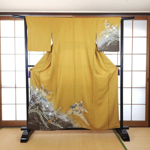 Mustard yellow Houmongi Kimono elegant flowers