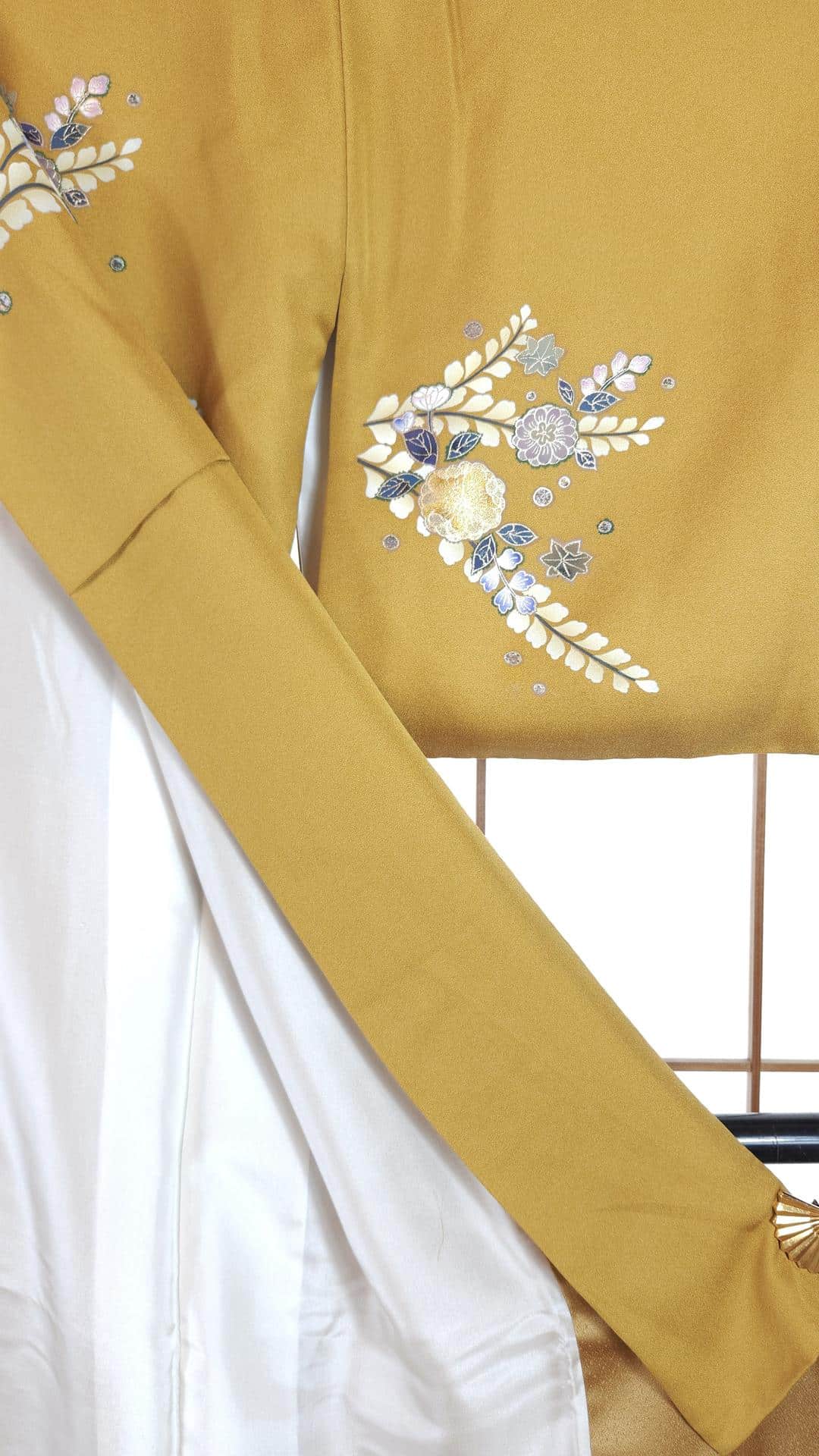 Mustard yellow Houmongi Kimono elegant flowers