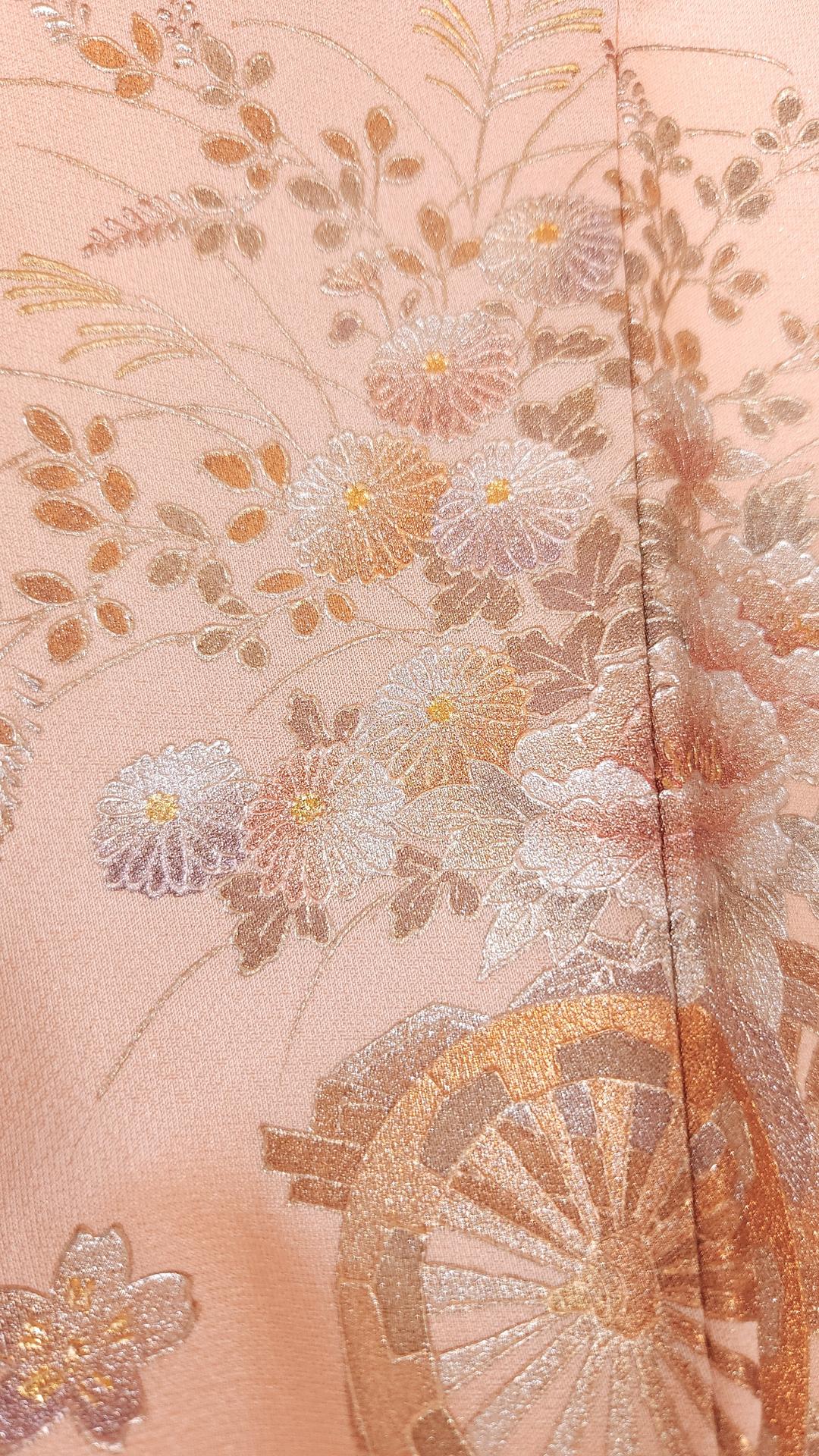 Peach pink Houmongi with golden floral motifs