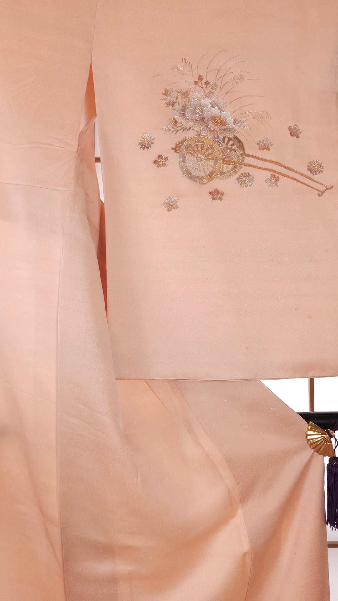 Peach pink Houmongi with golden floral motifs