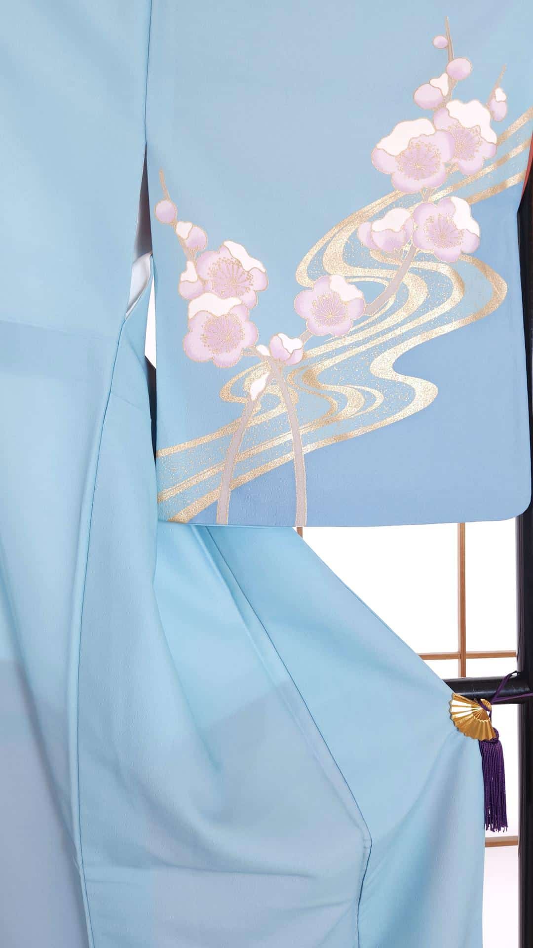 Sky blue Houmongi with golden Ume blossoms