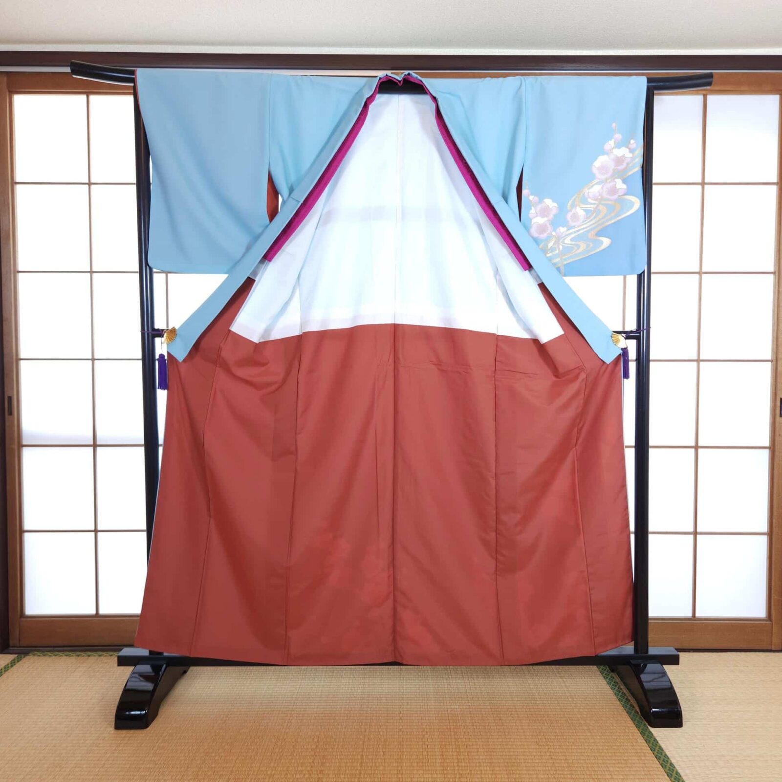 Sky blue Houmongi with golden Ume blossoms