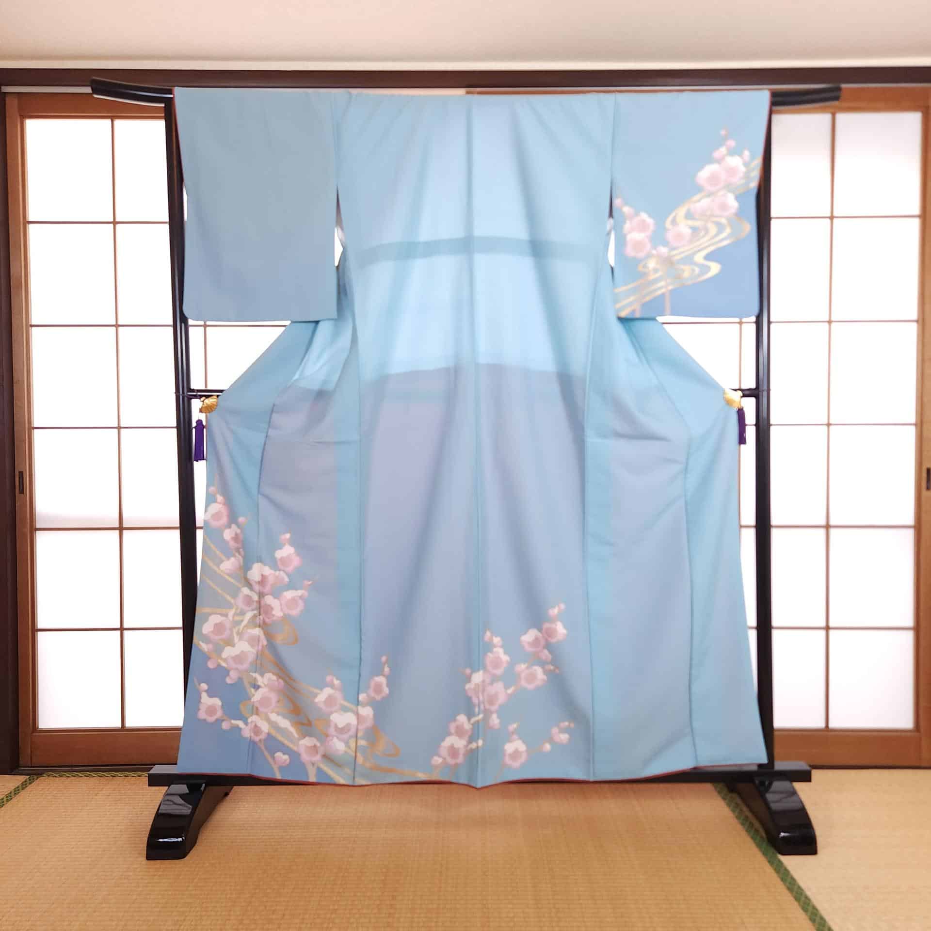 Sky blue Houmongi with golden Ume blossoms