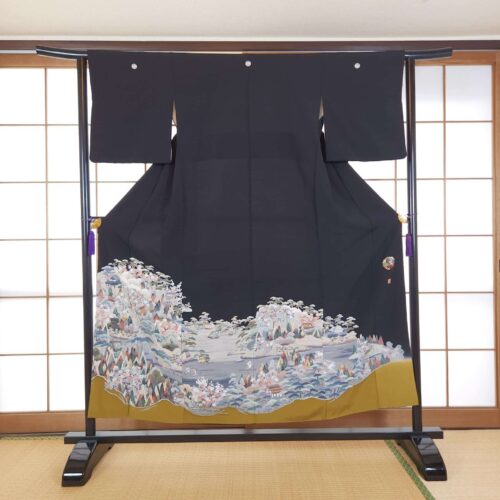 Yuzen Kuro Tomesode with pastel landscape