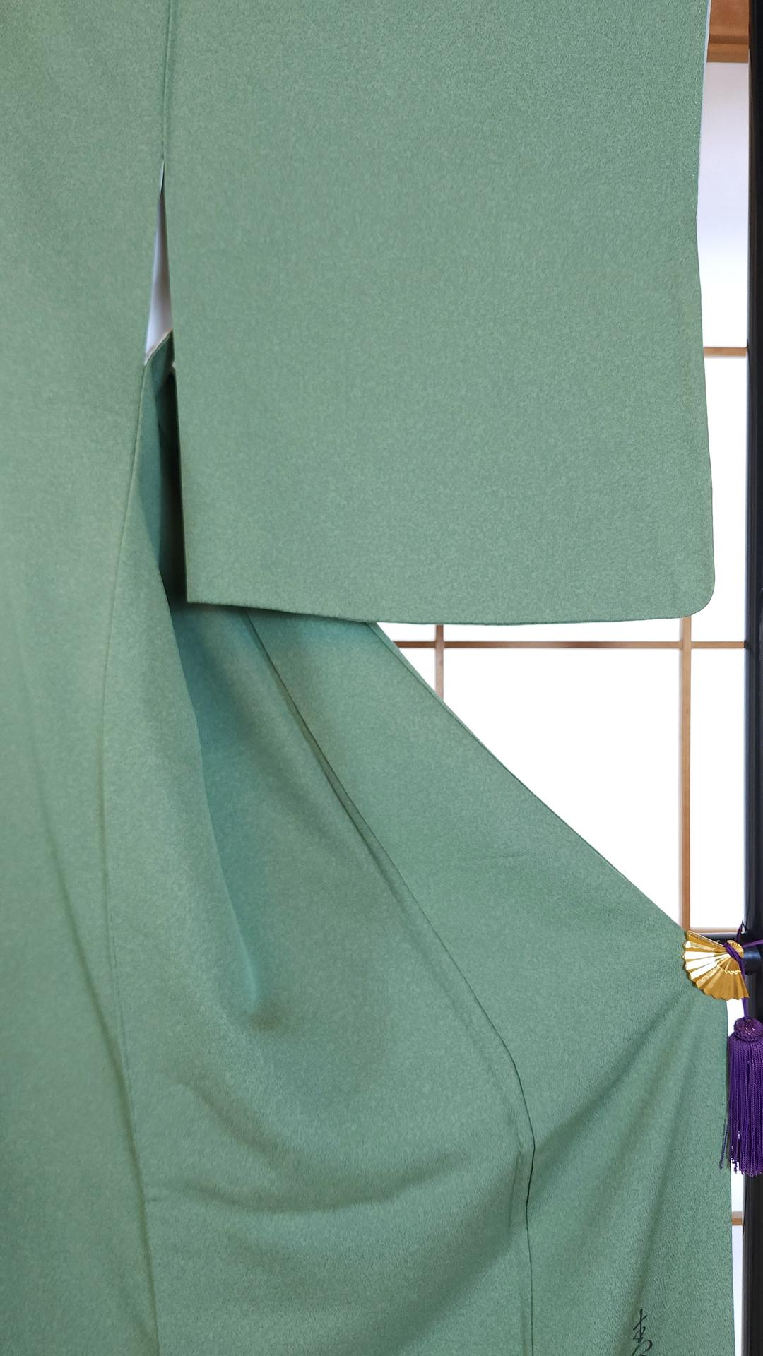 Green Iro Tomesode with Ume and Sakura flowers