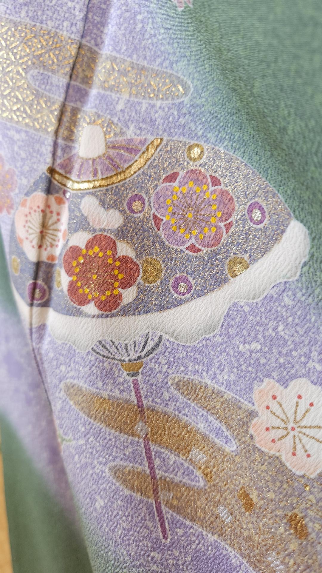 Green Iro Tomesode with Ume and Sakura flowers
