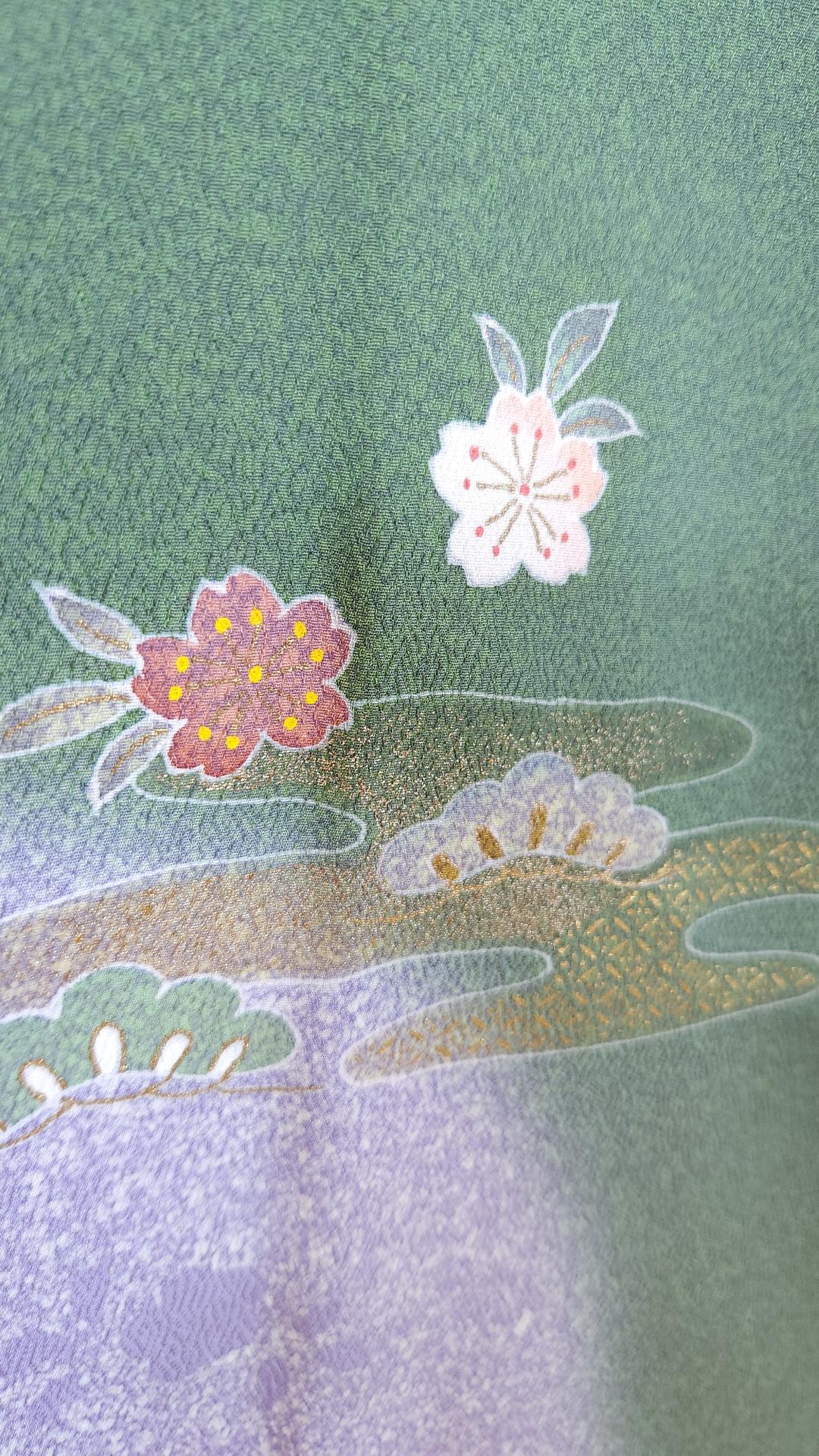 Green Iro Tomesode with Ume and Sakura flowers