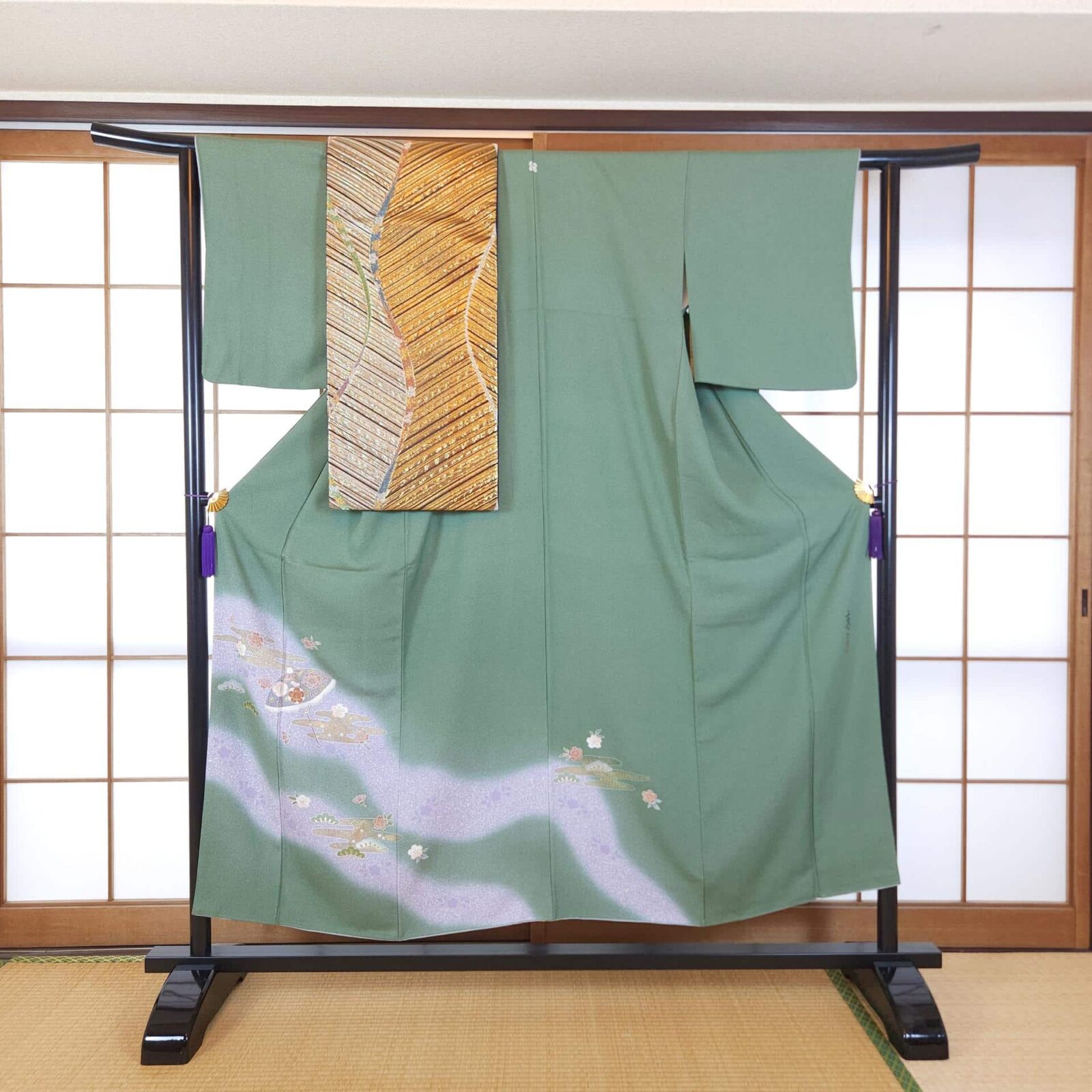 Green Iro Tomesode with Ume and Sakura flowers