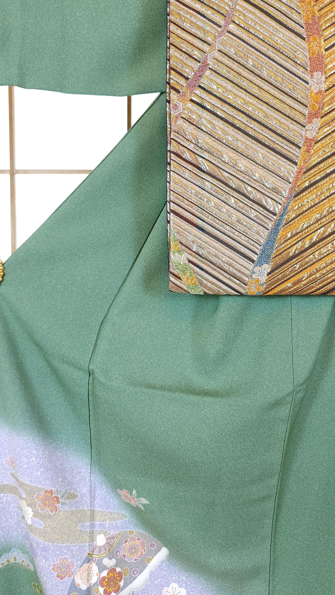 Green Iro Tomesode with Ume and Sakura flowers