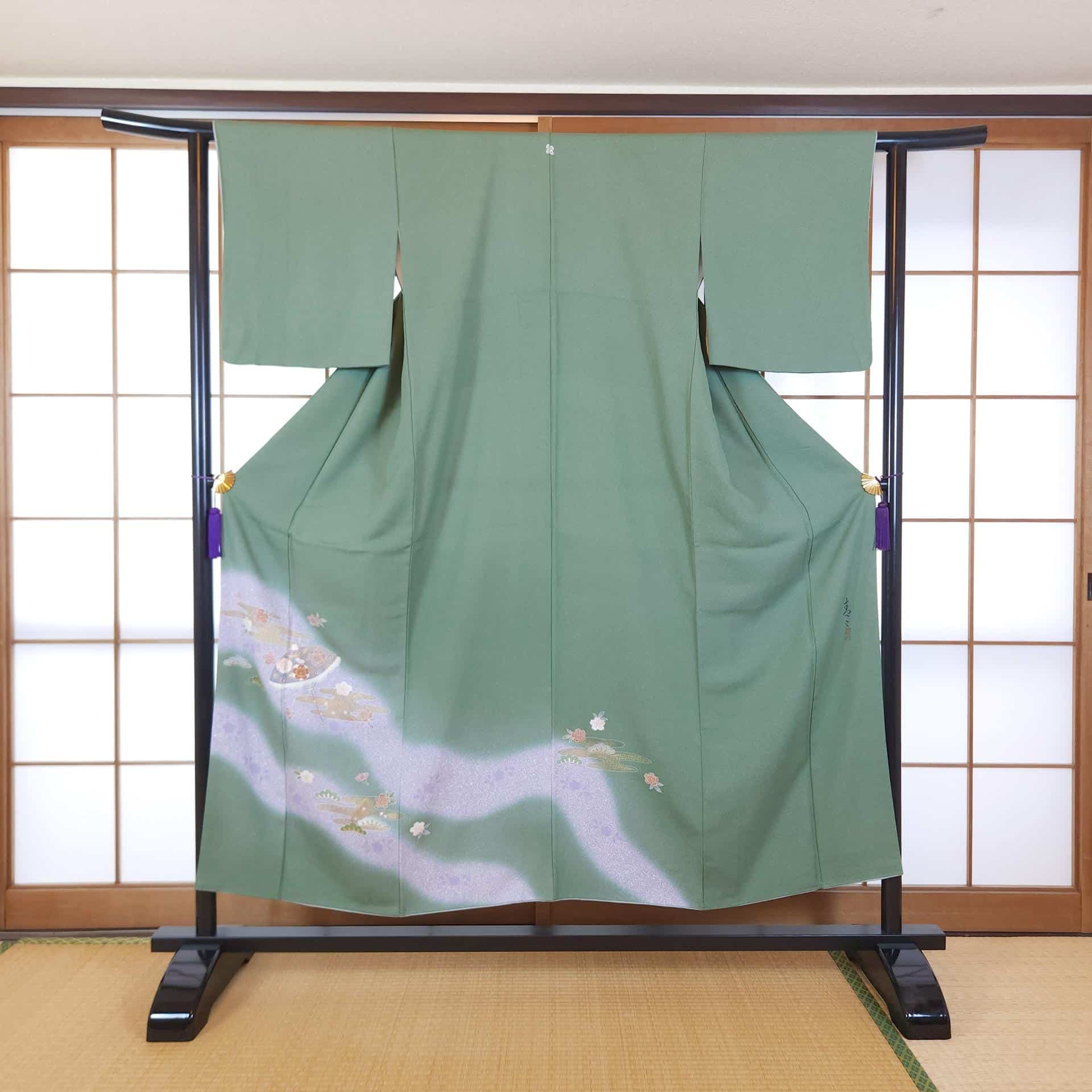 Green Iro Tomesode with Ume and Sakura flowers