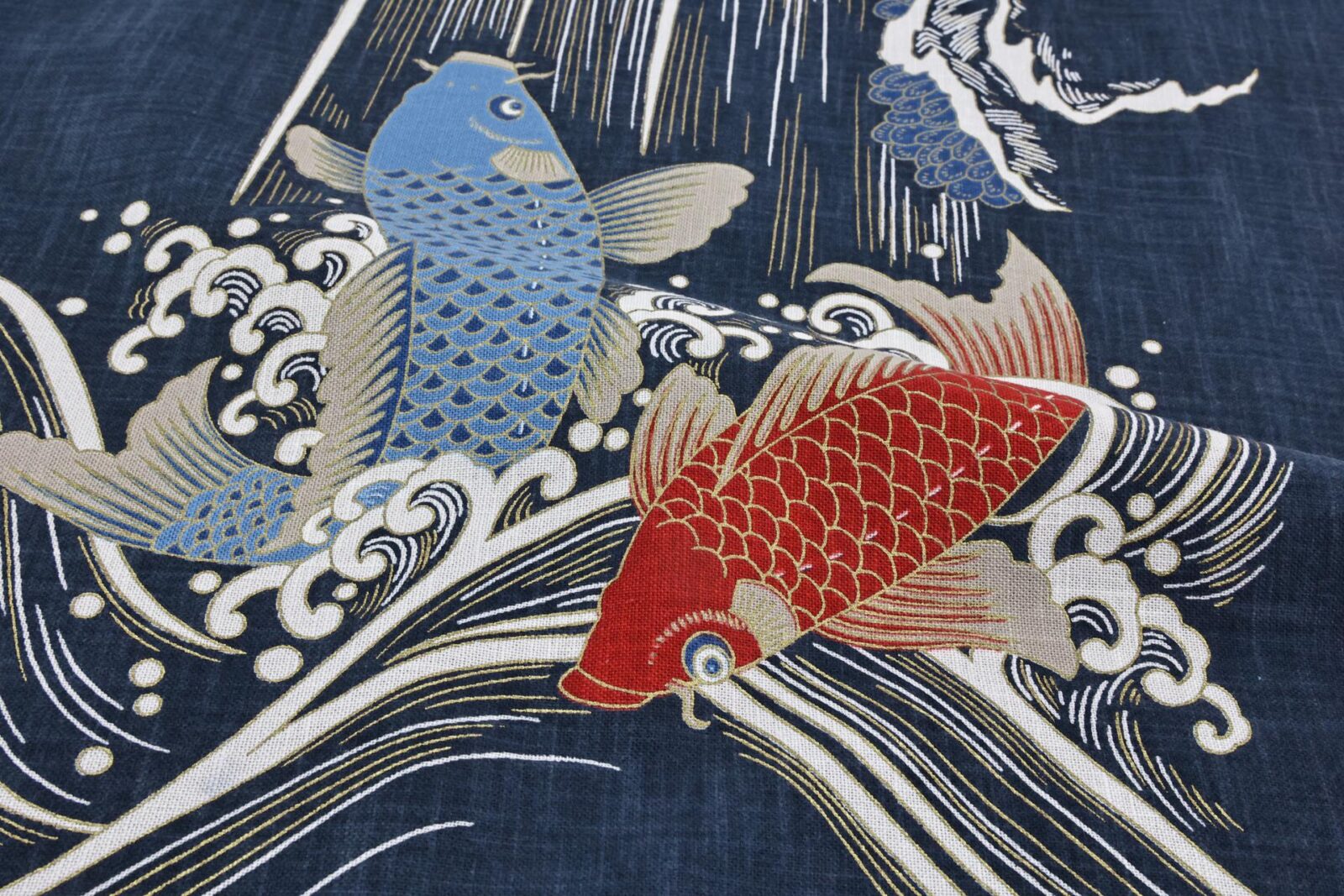 Hand-printed Japanese fabric panel carps and wave