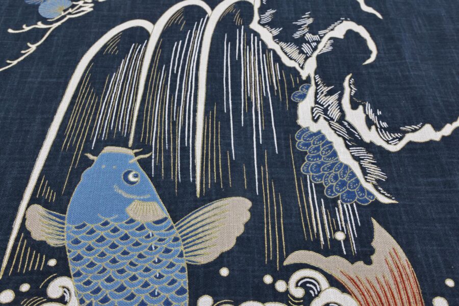 Hand-printed Japanese fabric panel carps and wave