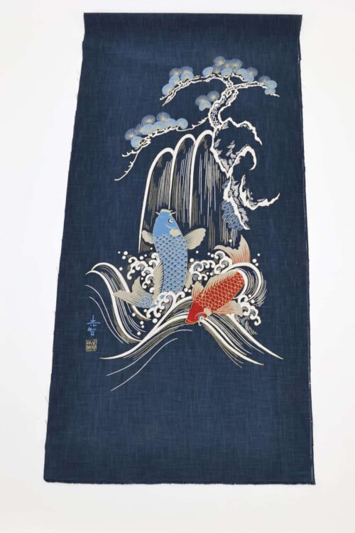 Hand-printed Japanese fabric panel carps and wave